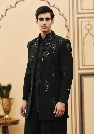 Black satin pleated shirt jacket set