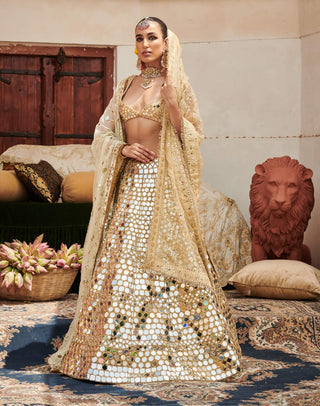 Sheesh Mahal Gold Lehenga Set by Itrh available on Indiaspopup.com