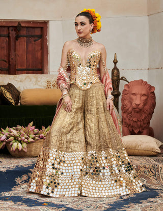 Savrna Aayna Gold Sharara Set by Itrh available on Indiaspopup.com