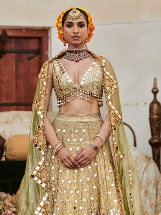 Chand Aayna Gold Lehenga Set by Itrh available on Indiaspopup.com