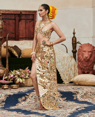 Ibaarat Aayna Gold Skirt And Blouse by Itrh available on Indiaspopup.com