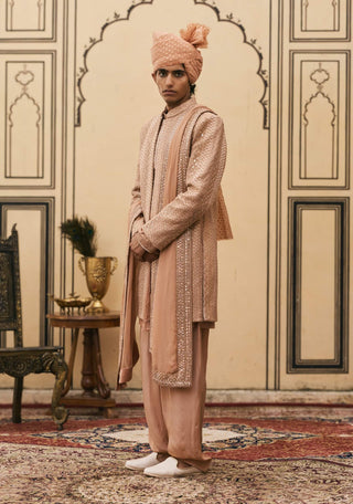 Coral peach chikankari open sherwani set