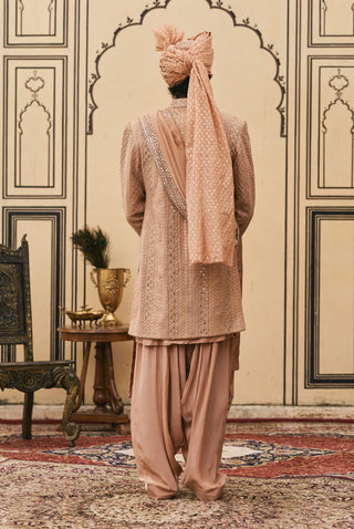 Coral peach chikankari open sherwani set