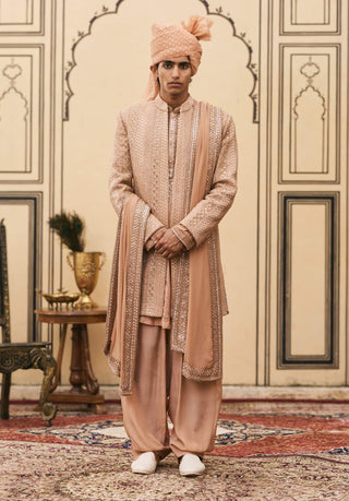Coral peach chikankari open sherwani set