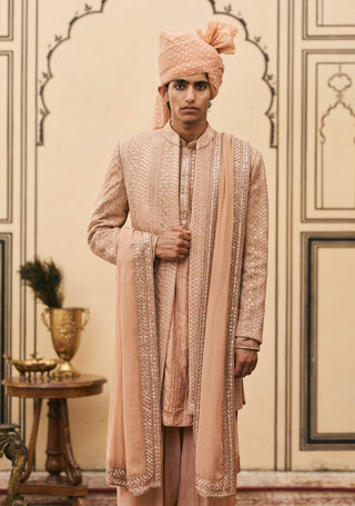 Coral peach chikankari open sherwani set