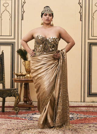 Antika gold metal corset sari set