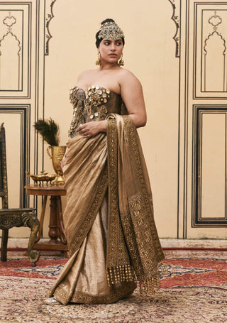Antika gold metal corset sari set