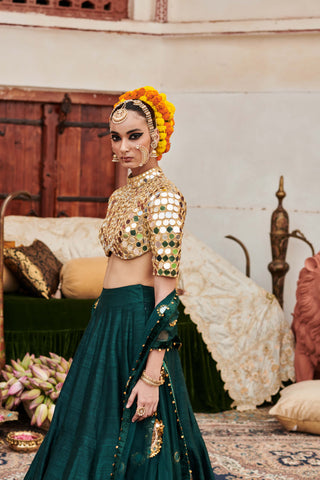 Zamurd Green Lehenga Set by Itrh available on Indiaspopup.com