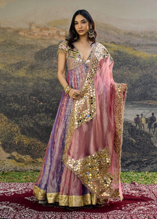 Gulrangi pink purple mirror anarkali and dupatta