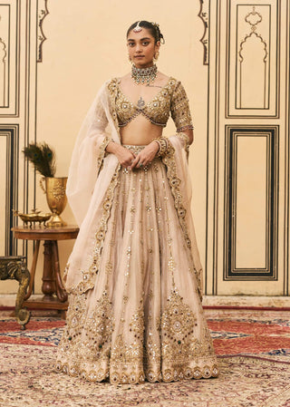 Maang tika golden bridal lehenga set