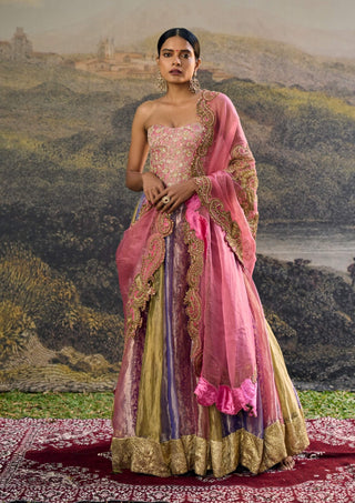 Rangoli zari pink purple green lehenga set