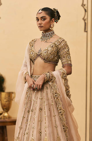 Maang tika golden bridal lehenga set
