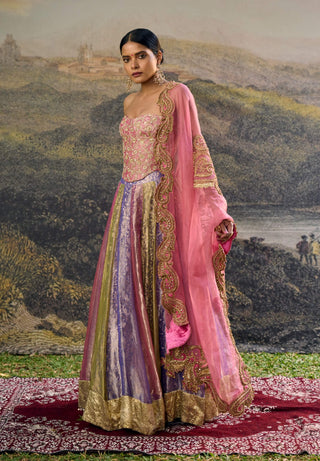 Rangoli zari pink purple green lehenga set