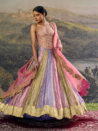 Rangoli zari pink purple green lehenga set