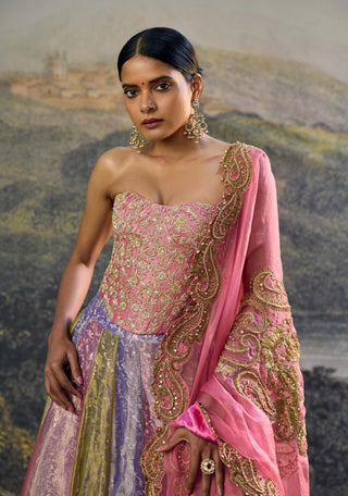 Rangoli zari pink purple green lehenga set