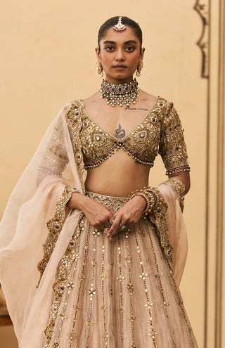 Maang tika golden bridal lehenga set