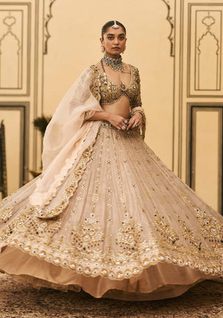 Maang tika golden bridal lehenga set