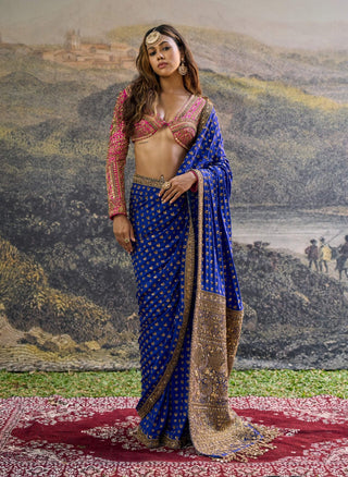 Neelpari dabka blue pink silk sari and blouse