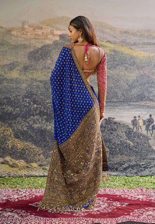 Neelpari dabka blue pink silk sari and blouse