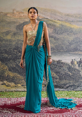 Nalini teal draped sari and corset