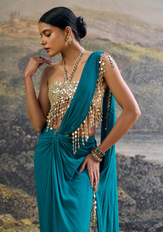 Nalini teal draped sari and corset