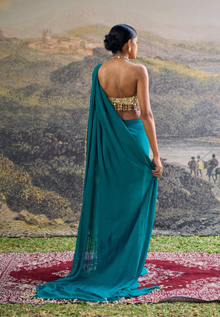 Nalini teal draped sari and corset