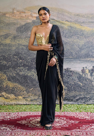 Shyama black mirror pre-draped sari and blouse