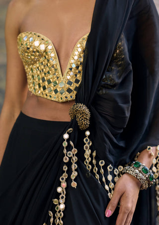 Shyama black mirror pre-draped sari and blouse