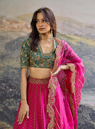 Aarunya fuchsia pink turquoise lehenga set