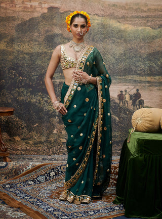 Pallavita Green Gold Sari And Blouse by Itrh available on Indiaspopup.com