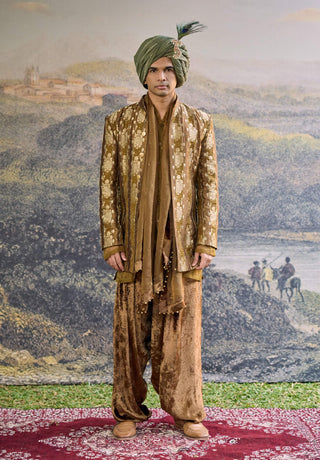 Zarvika olive brown brocade open jacket set