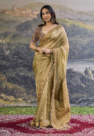 Zarvika olive purple fusion tissue sari and blouse