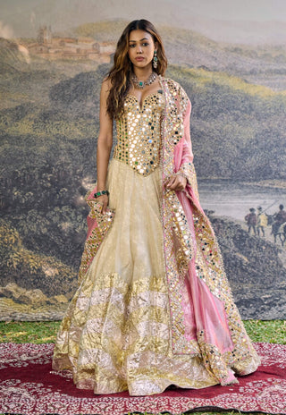 Sunehri roshan gold pink mirror lehenga set