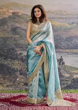 Shobhana turquoise tissue sari and blouse