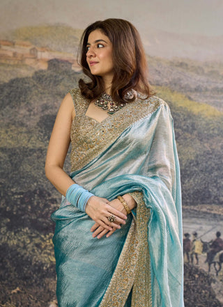 Shobhana turquoise tissue sari and blouse