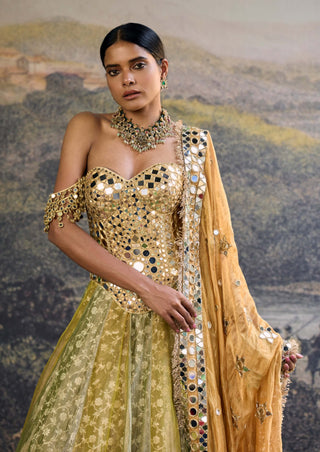 Hiranya yellow green mirror lehenga set