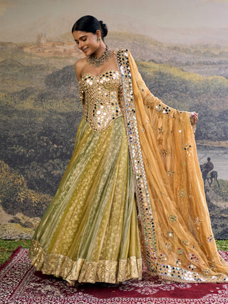 Hiranya yellow green mirror lehenga set