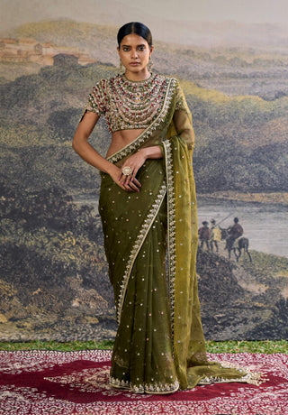 Zoya jewel olive organza sari and blouse
