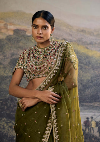 Zoya jewel olive organza sari and blouse