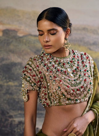 Zoya jewel olive organza sari and blouse