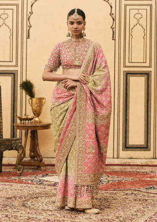 Pink green ombre organza sari set