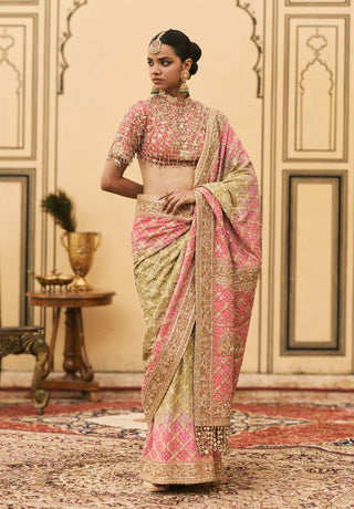 Pink green ombre organza sari set