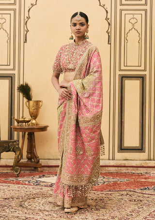 Pink green ombre organza sari set