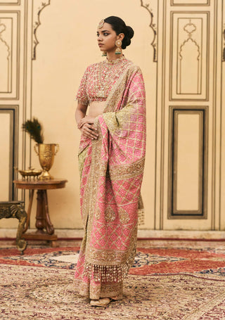 Pink green ombre organza sari set