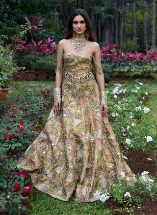 Gulnaar gold green coral gota lehenga set