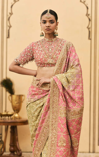 Pink green ombre organza sari set