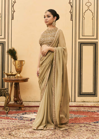 Olive green threadwork organza sari set