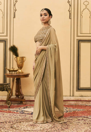 Olive green threadwork organza sari set