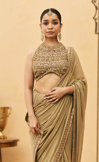 Olive green threadwork organza sari set