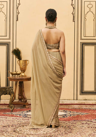 Olive green threadwork organza sari set